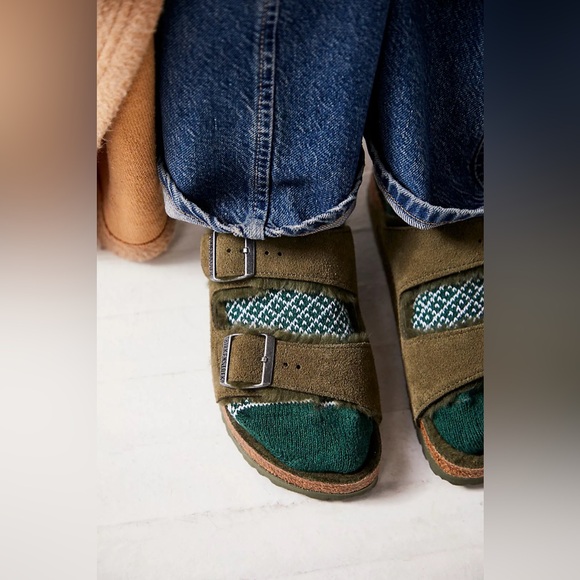 NEW Birkenstock Arizona Shearling Sandals In Thyme Green Free People NWT - Picture 3 of 9